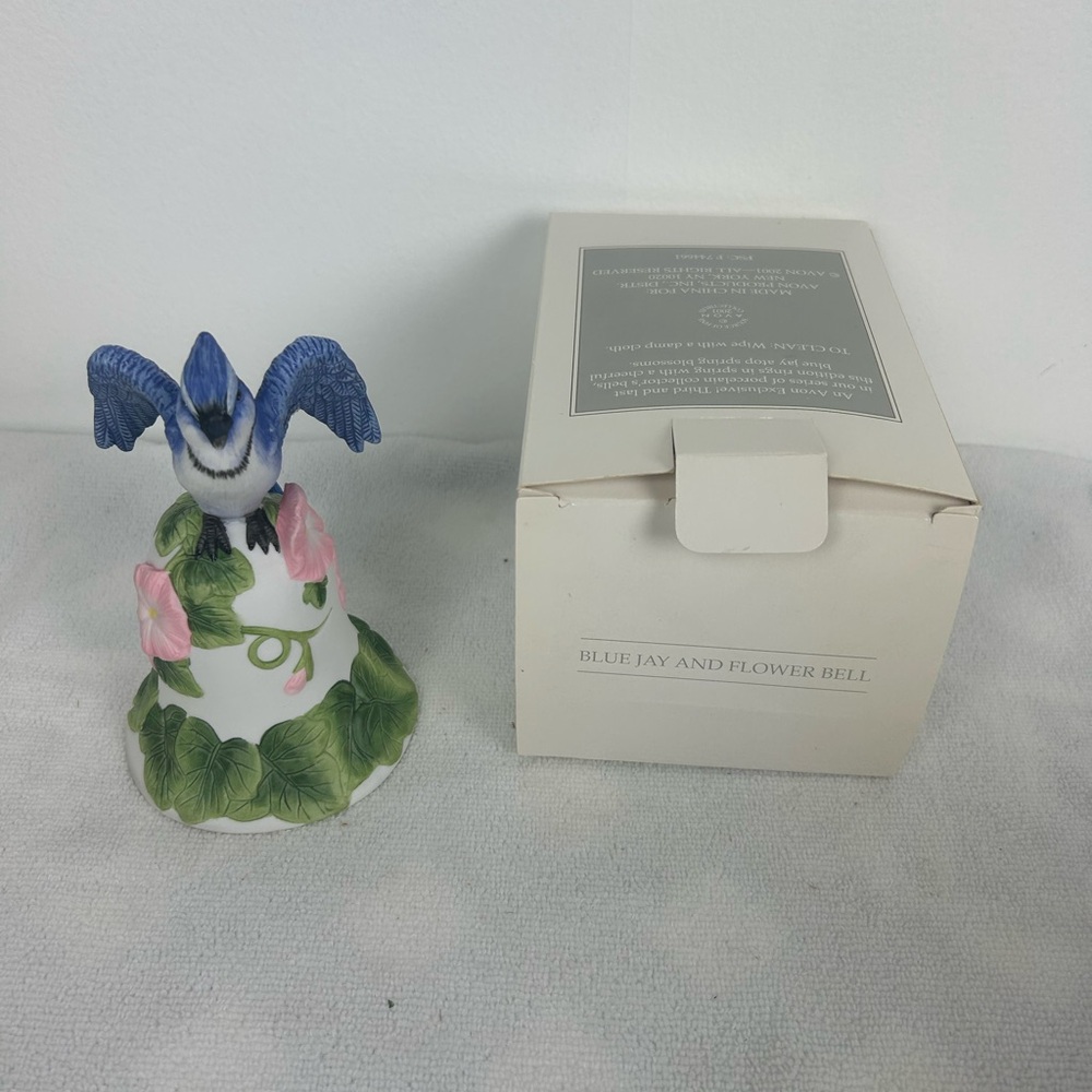 TWO (2) - VTG '2001' Avon Blue Jay and Flower Bells (1 NIB, 1 USED but Like-New)